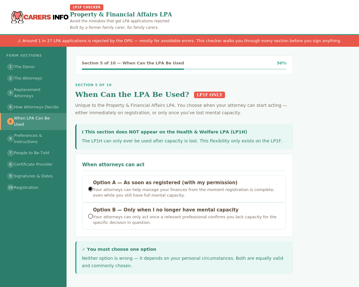LP1F Checker — When Can the LPA Be Used section, unique to Property & Financial Affairs
