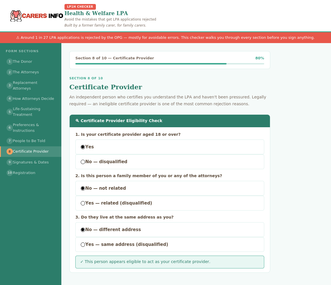 Certificate Provider Eligibility Checker — real-time pass/fail result