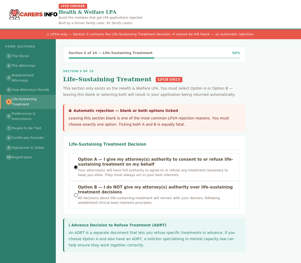 LP1H Checker — Life-Sustaining Treatment section, unique to the Health & Welfare form