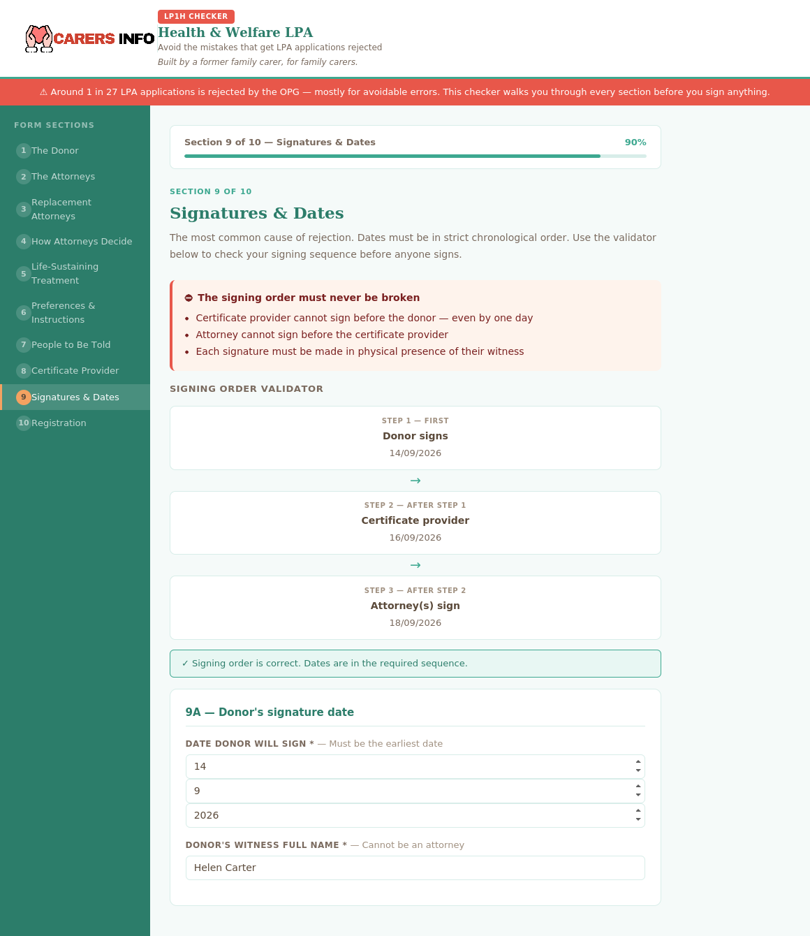 Signing Order Validator — checks donor, certificate provider, and attorney dates are in sequence